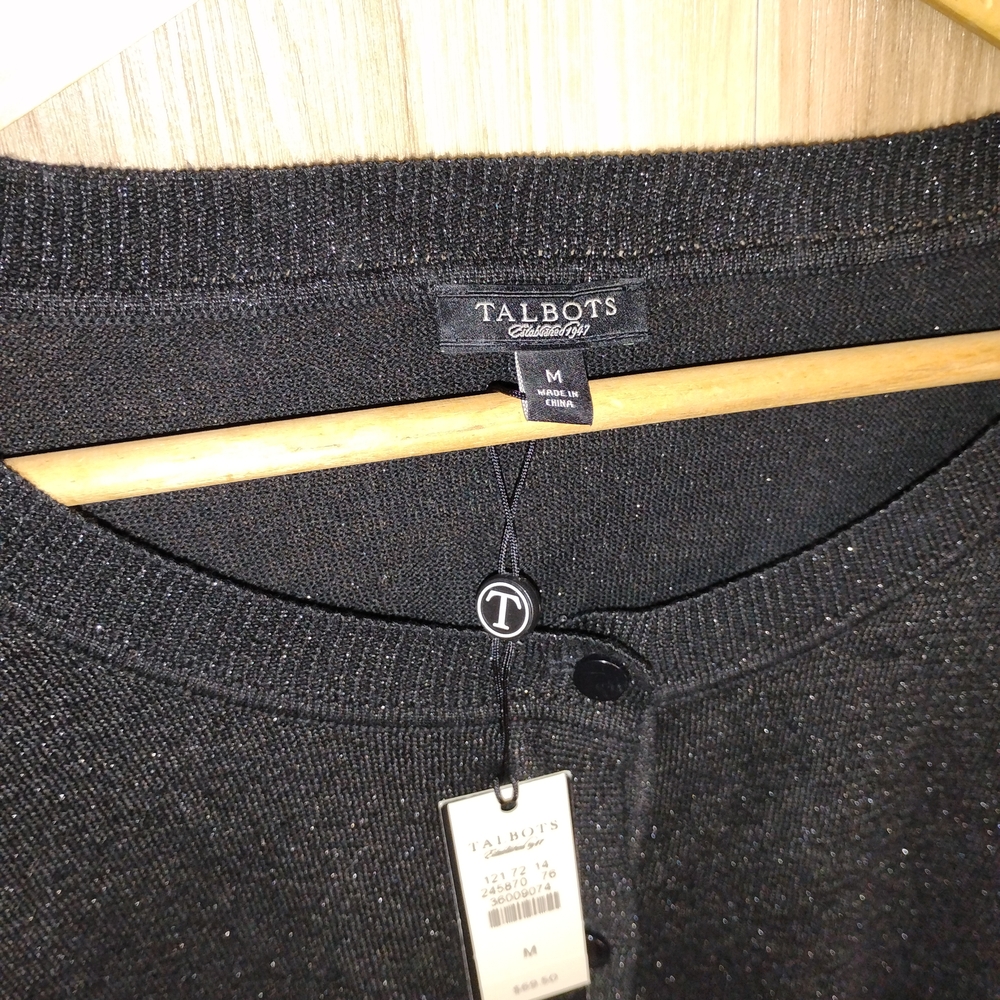 NWT Talbots Black Metallic Cardigan Holiday Sweater Button Up Sz M - Picture 2 of 3